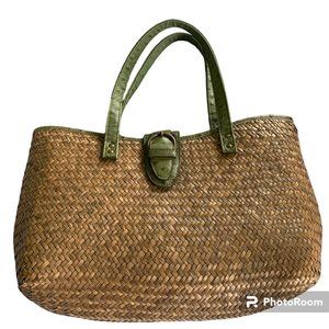 Straw purse tote with ostrich stamped  green trim